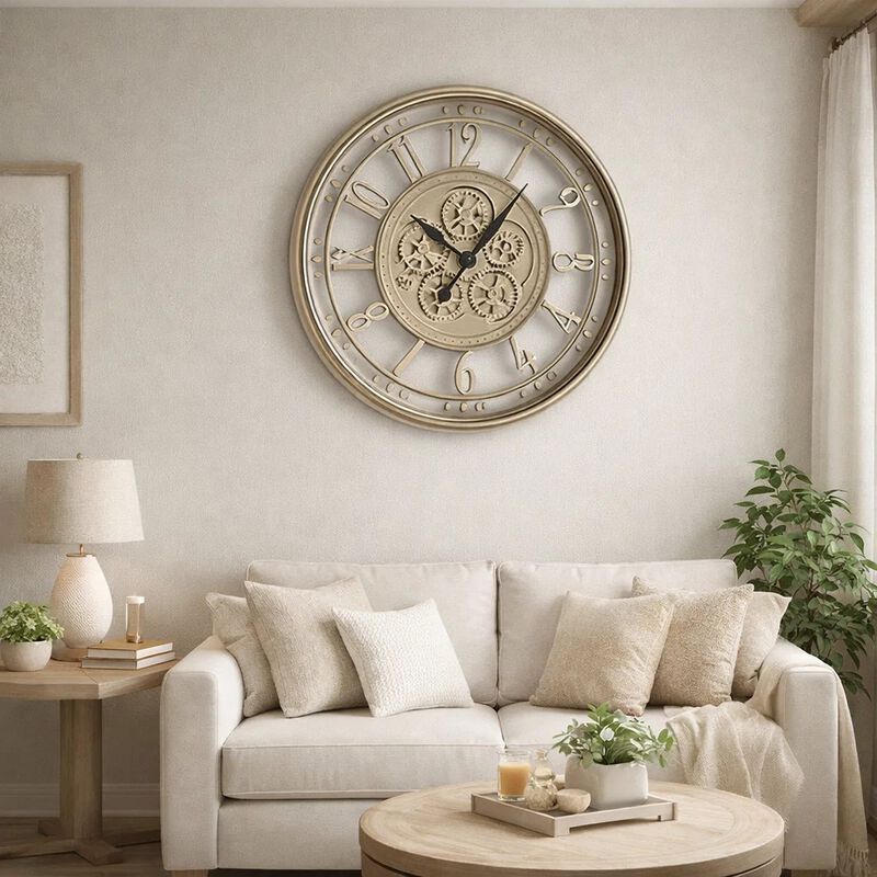 27 Inch Round Wall Clock, Moving Gears, Standard Numbers, Champagne Gold image number 6