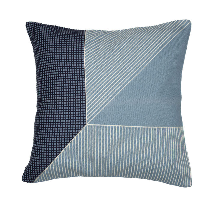 HomeRoots 20" Blue and White Geometric Cotton Throw Pillow With Embroidery
