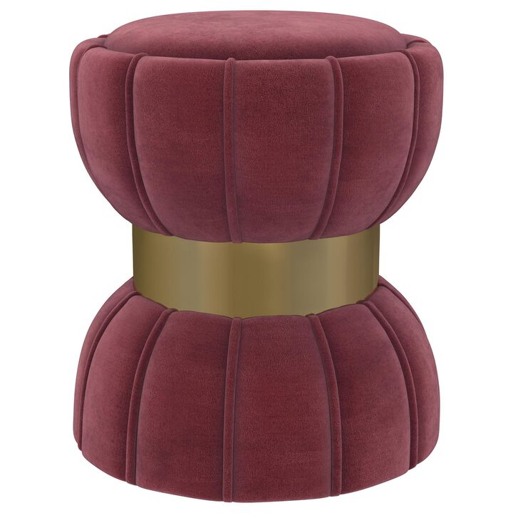 Soraya Ottoman, Tufted Red Wine Fabric, Round 17 Inch, Gold Metal Band - Benzara