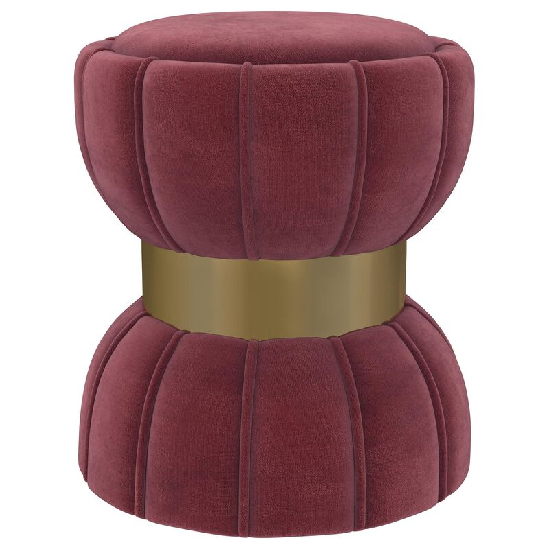 Soraya Ottoman, Tufted Red Wine Fabric, Round 17 Inch, Gold Metal Band - Benzara