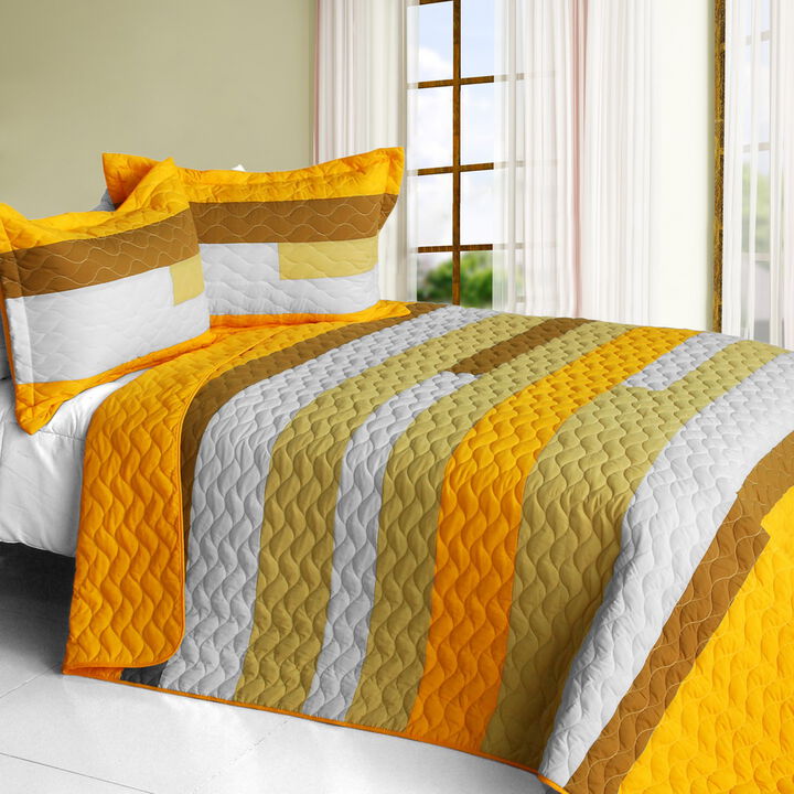 Quin Size 3 Piece Patchwork Striped Quilt Set with Quilted Stitch Design-yellow