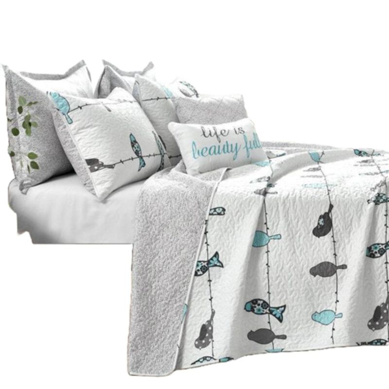 Hivvago Blue Grey Birds On Wire Lightweight Quilt Set