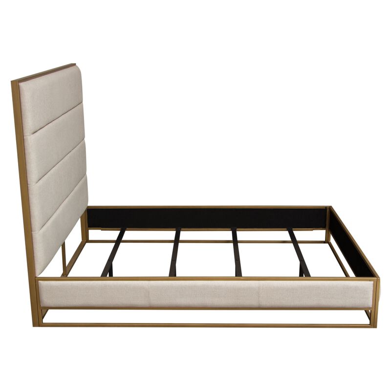 Chek Queen Size Bed w Channel Tufted Upholstery, Sand Brown, Gold Metal