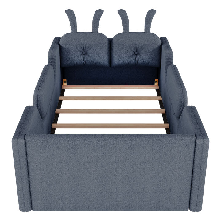 Whisen Twin Size Upholstered Floor Bed with Rabbit Cushion, Kids Platform Bed with Removable Side Rails