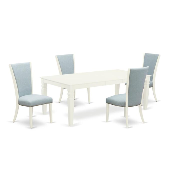 East West Furniture East-West Furniture LGVE5-LWH-15 - A dining room table set of 4 wonderful parson chairs with Linen Fabric Baby Blue color and a wonderful 18 butterfly leaf rectangle dining table with Linen White col