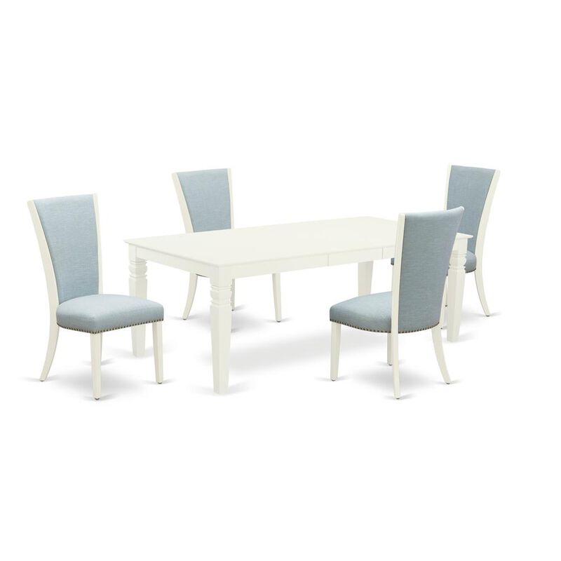 East West Furniture East-West Furniture LGVE5-LWH-15 - A dining room table set of 4 wonderful parson chairs with Linen Fabric Baby Blue color and a wonderful 18 butterfly leaf rectangle dining table with Linen White col