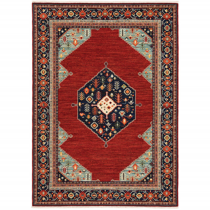 3 X 5 Blue and Red Oriental Power Loom Area Rug With Fringe