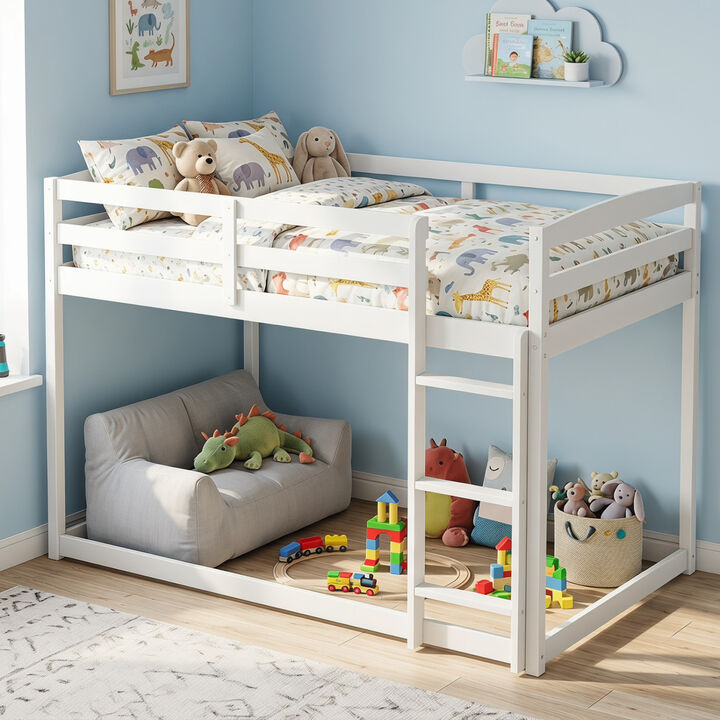 Full Over Full Wooden Bunk Bed with Guardrails and Built In Ladder