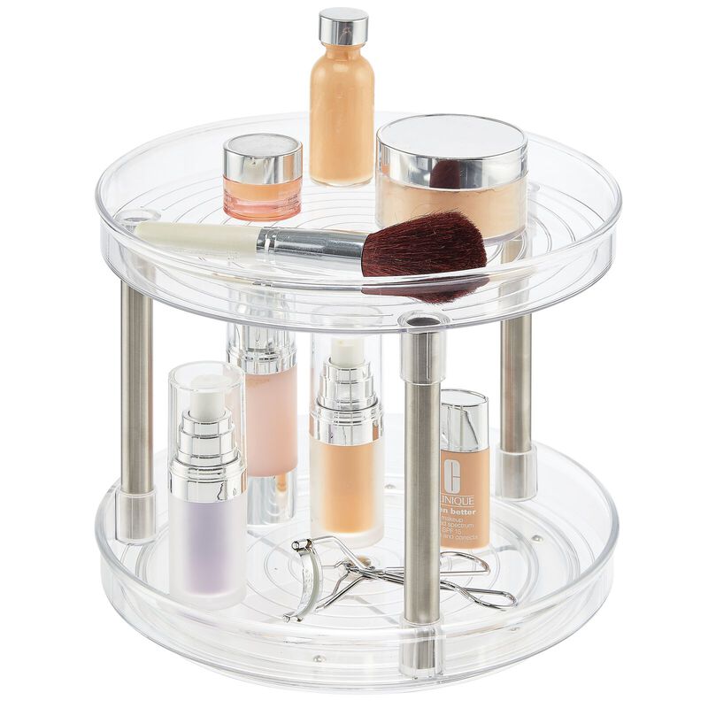 mDesign Spinning 2-Tier Lazy Susan Turntable Storage Tower for Bathroom - Clear