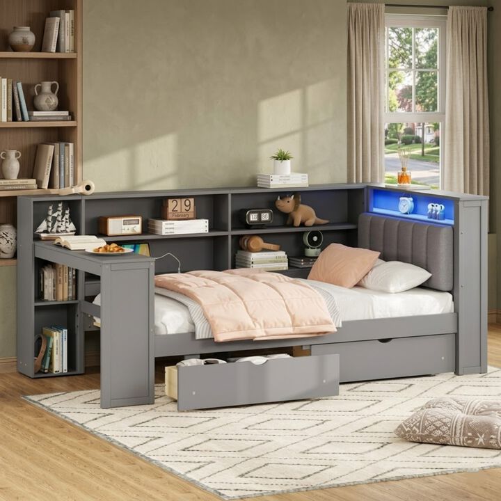 Whisen Twin Size Platform Bed with Storage Shelves, Drawers & Charging Station, Solid Wood+MDF with LED & Desk, Upholstered Headboard for Bedroom