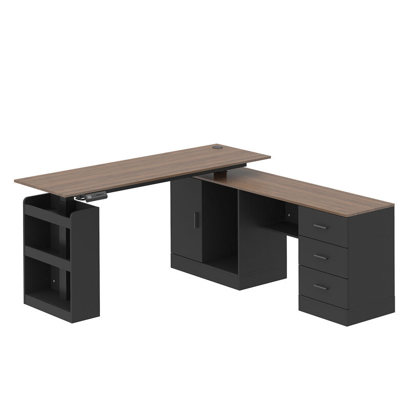 FUFU&GAGA L-Shaped Height Adjustable Office Desk - Perfect Blend of Functionality and Style, (63"Wx63"Dx45.3"H), Black and Brown