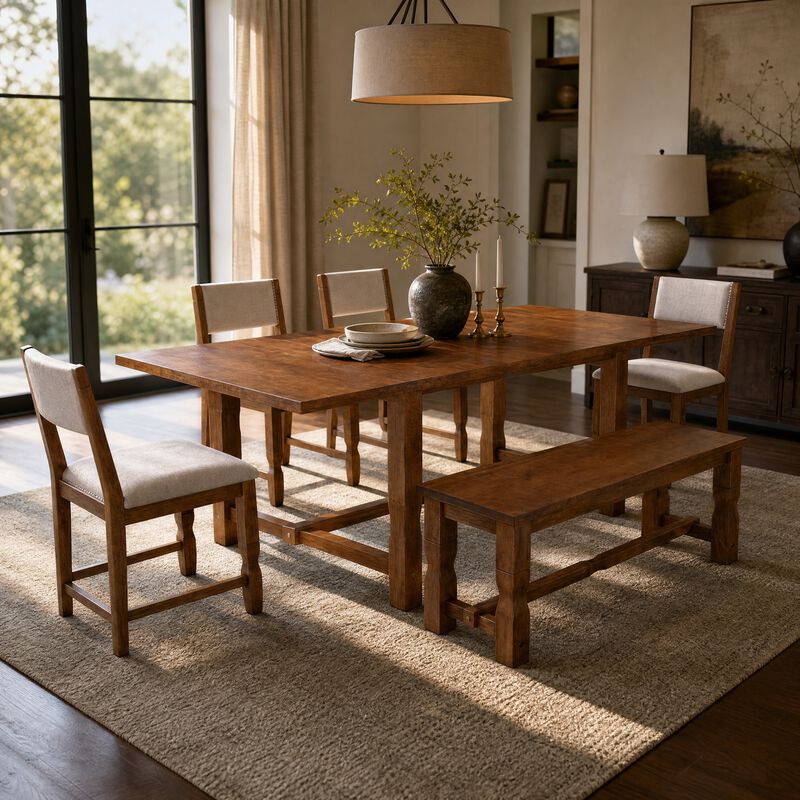 Celkwe 6‑Piece Solid Rubber Wood Extendable Dining Table Set image number 2