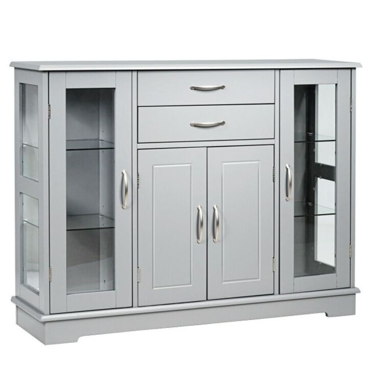 Hivvago Grey Wood Buffet Sideboard Cabinet with Glass Display Doors