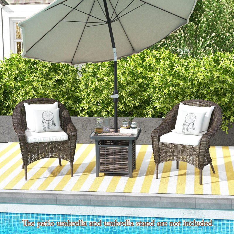 Outdoor PE Rattan Side Table Square End Table with Umbrella Hole