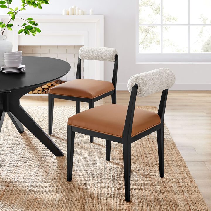 Modway Kai Upholstered Dining Chair with Wood Legs in Pearl Tan Black - Modern Dining Room Chair with Boucle Fabric Backrest and Faux Leather Seat - Wood Fabric Side Chair for Dining Room, Kitchen