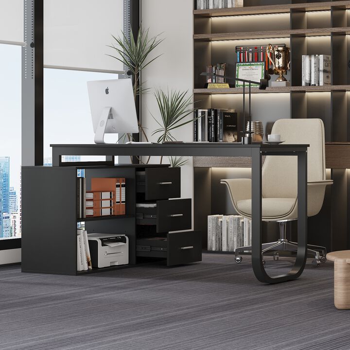 55.1 in. L-Shaped Black Wood Computer Desk Writing Desk Office Executive Desk With Removable Tabletop, Shelves 3-Drawers