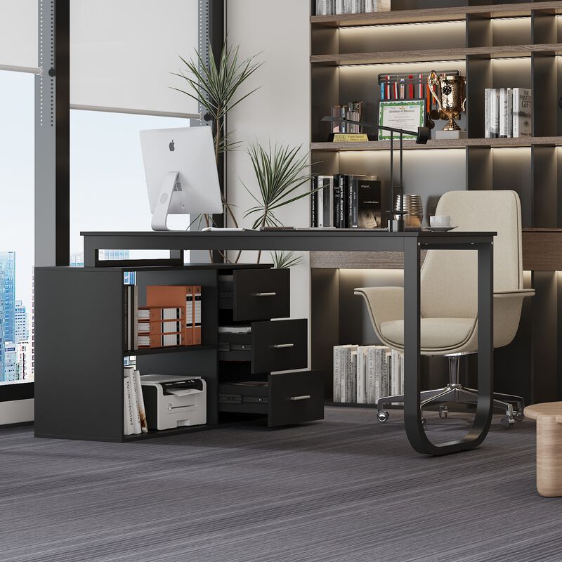 55.1 in. L-Shaped Black Wood Computer Desk Writing Desk Office Executive Desk With Removable Tabletop, Shelves 3-Drawers