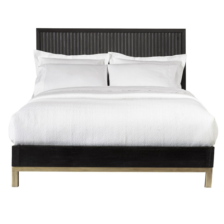 Carl Mahogany Wood Platform Queen Bed, Brass Metal Base, Oak Black, Gold - Benzara