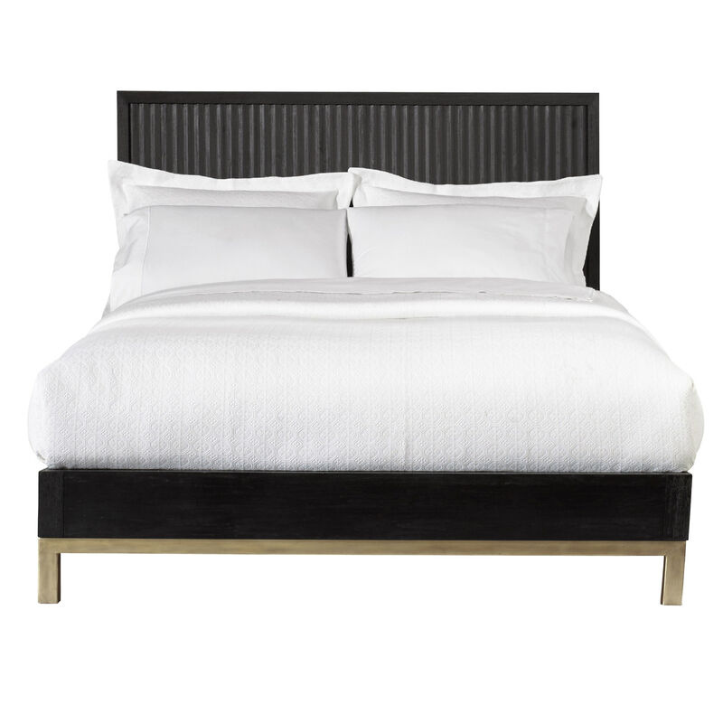 Carl Mahogany Wood Platform Queen Bed, Brass Metal Base, Oak Black, Gold - Benzara