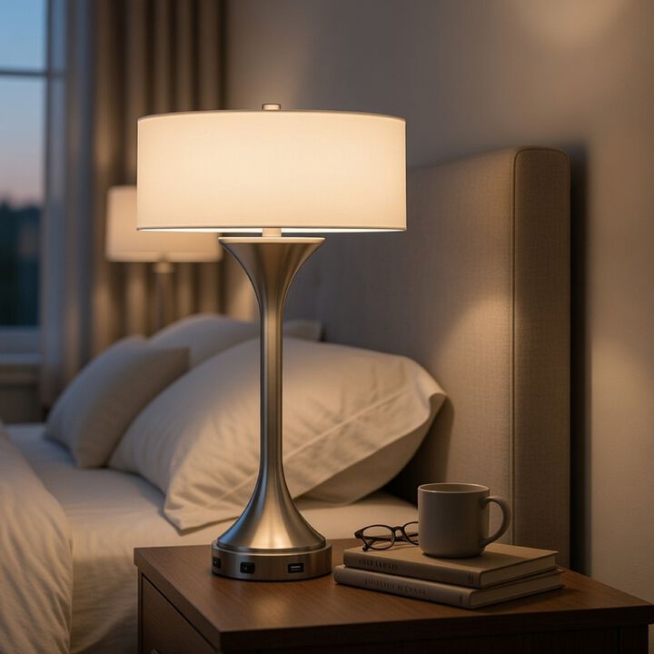 Table Lamp, USB Ports, Frosted White Glass Shade, 22 Inch Brushed Steel