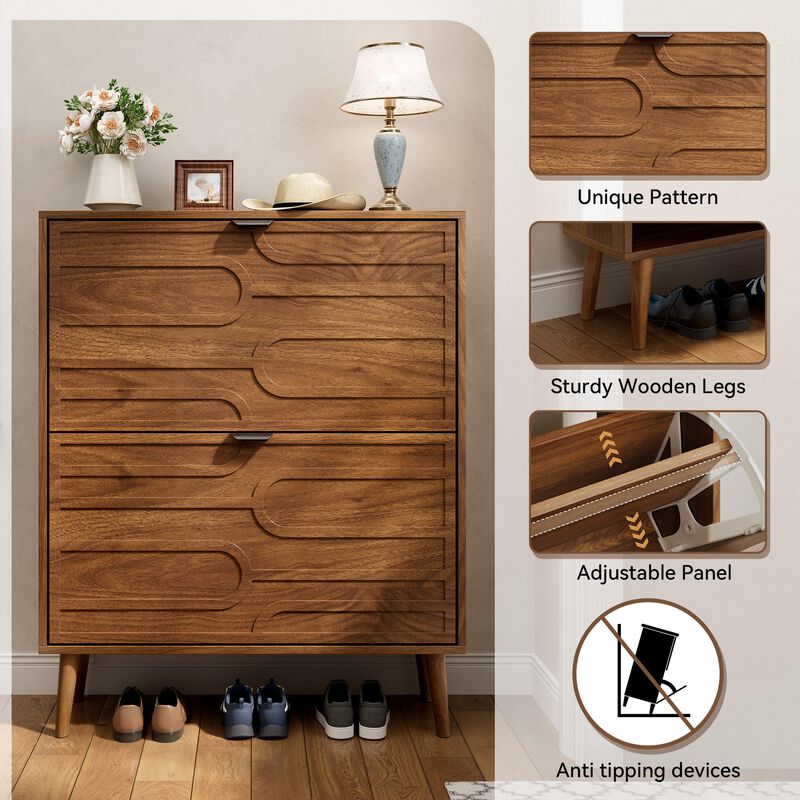Clihome Medieval Modern Independent Shoe Cabinet, 31.5-inch Walnut Shoe Storage Cabinet,, Fence Shoe Cabinet With 2 Flip Drawers, Suitable For Corridors And Entrances image number 4