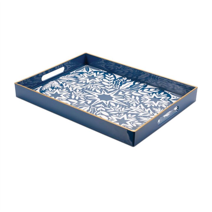 HomeRoots 16" Blue And White Geometric Star And Trees Serving Tray With Handles
