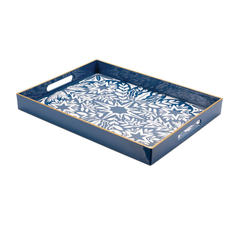 HomeRoots 16" Blue And White Geometric Star And Trees Serving Tray With Handles image number 0