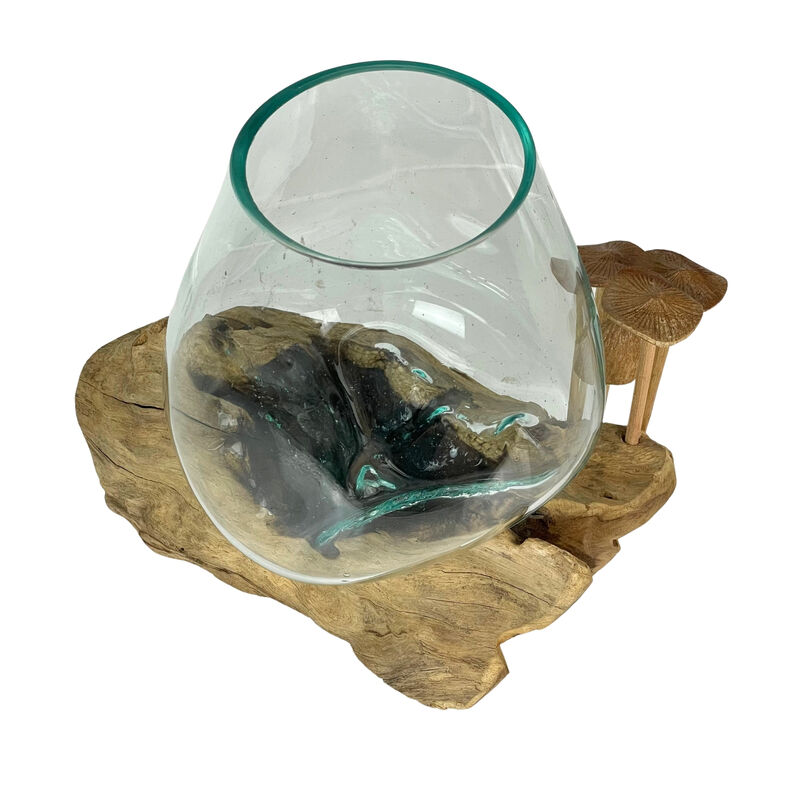 Handcrafted Glass and Teak Vase with Wood Mushroom Embellishments, Rustic Accent image number 2