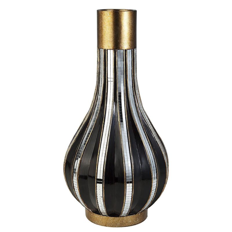 Hivvago 16 Inch Gold and Black Striped Bud Polyresin Table Vase