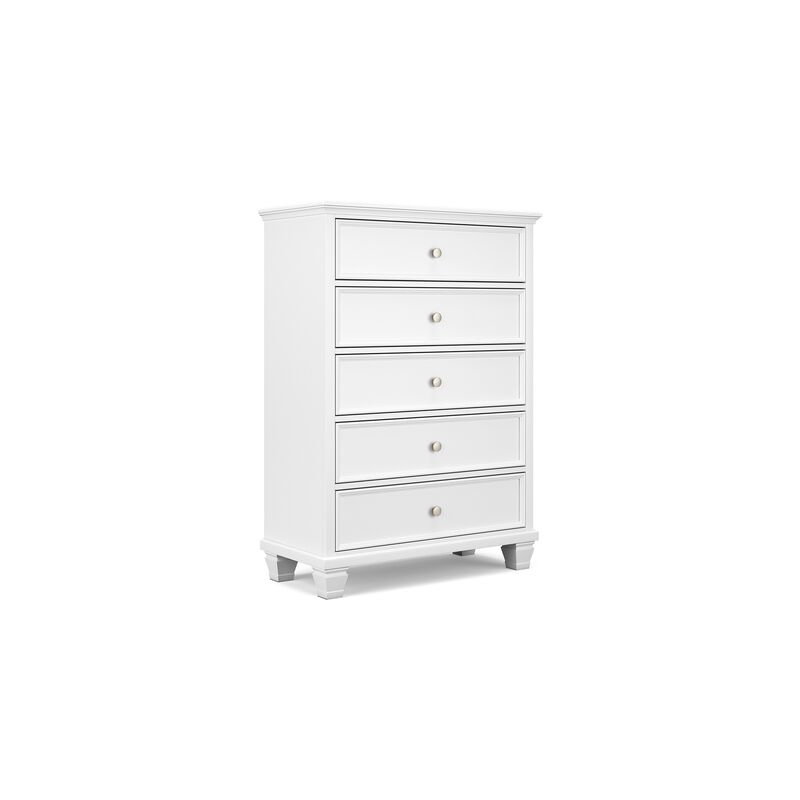 Heno Tall Dresser Chest, 5 Storage Drawers w Nickel Round Knobs, White - Benzara