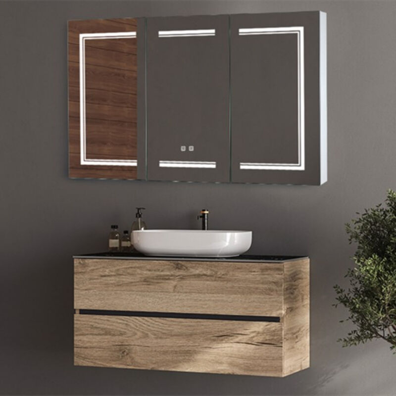 Modern Bathroom Wall Cabinet with Three-Color LED Light and Dual Power Plugs