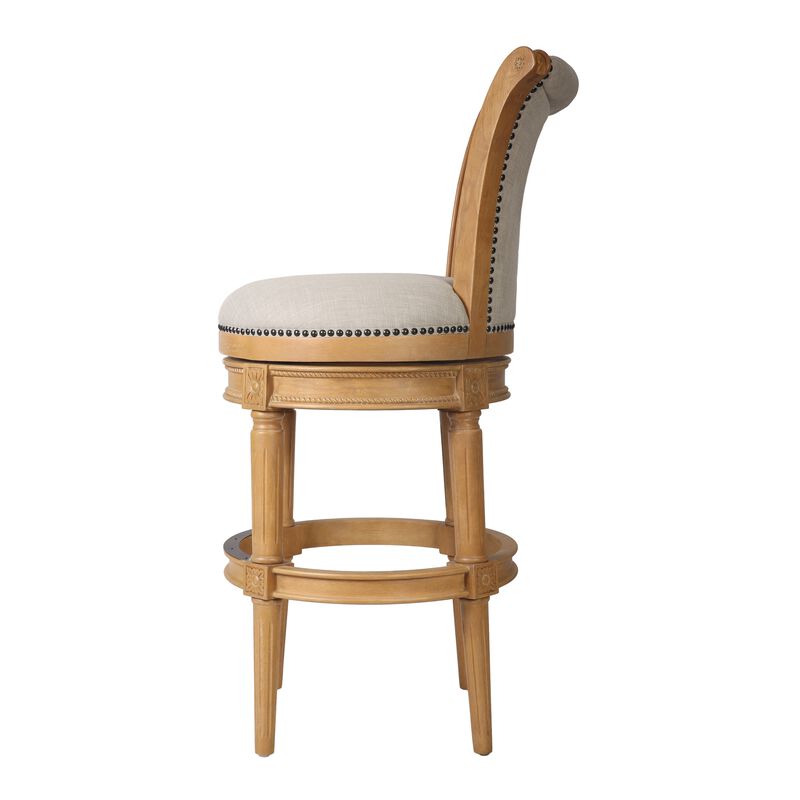 HomeRoots 30" Beige and Natural Fabric and Solid Wood Bar Height Swivel Bar Chair image number 2