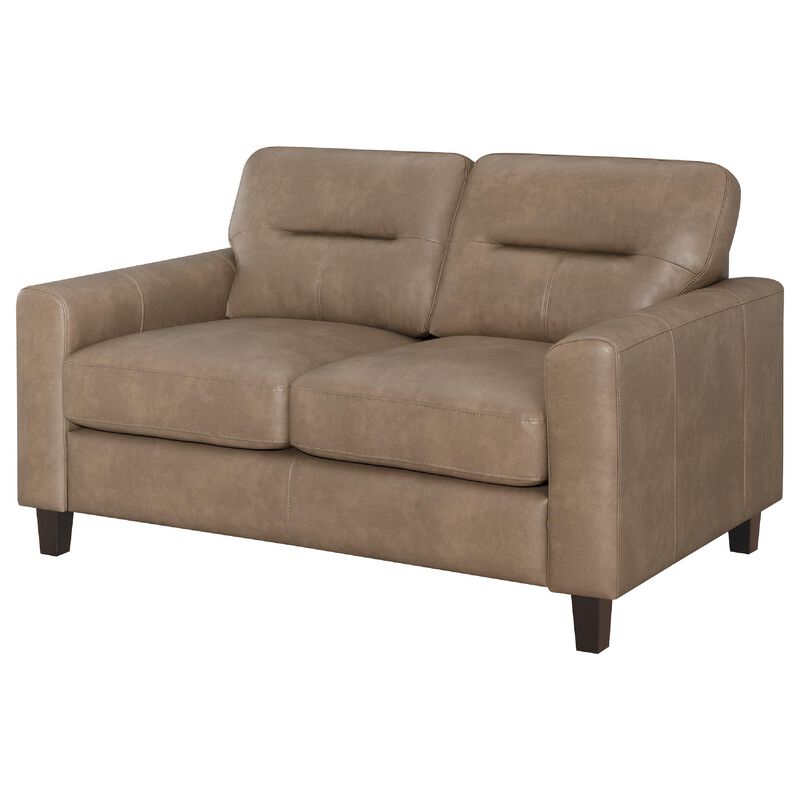 Secy Loveseat, Brown Faux Leather, Track Arms, 58 Inch Pine Wood Frame image number 5
