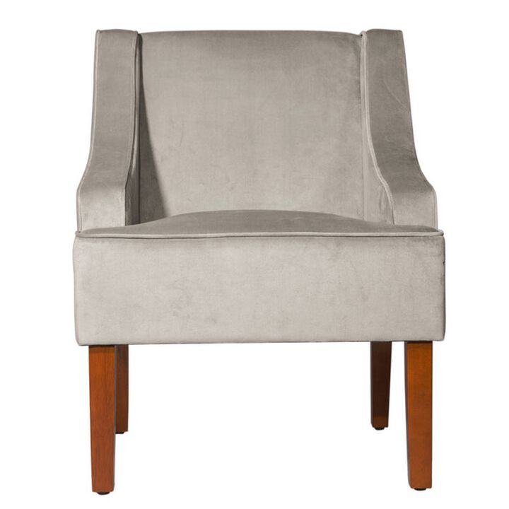 Velvet Fabric Upholstered Wooden Accent Chair with Swooping Armrests, Gray and Brown - Benzara