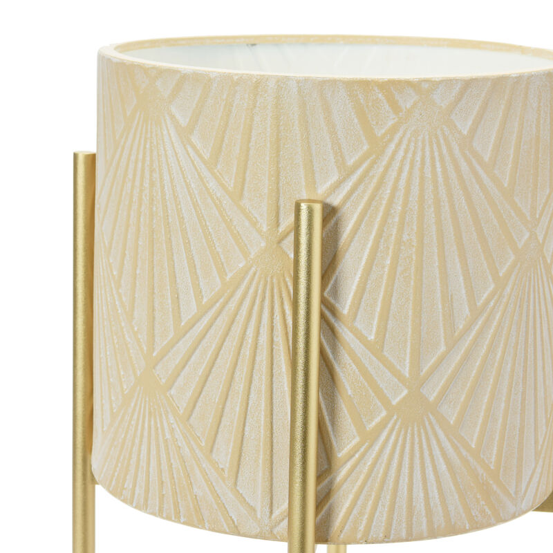 Modern Boho Embossed Metal Planters with Stands, Cream and Gold, Set of 2 image number 5