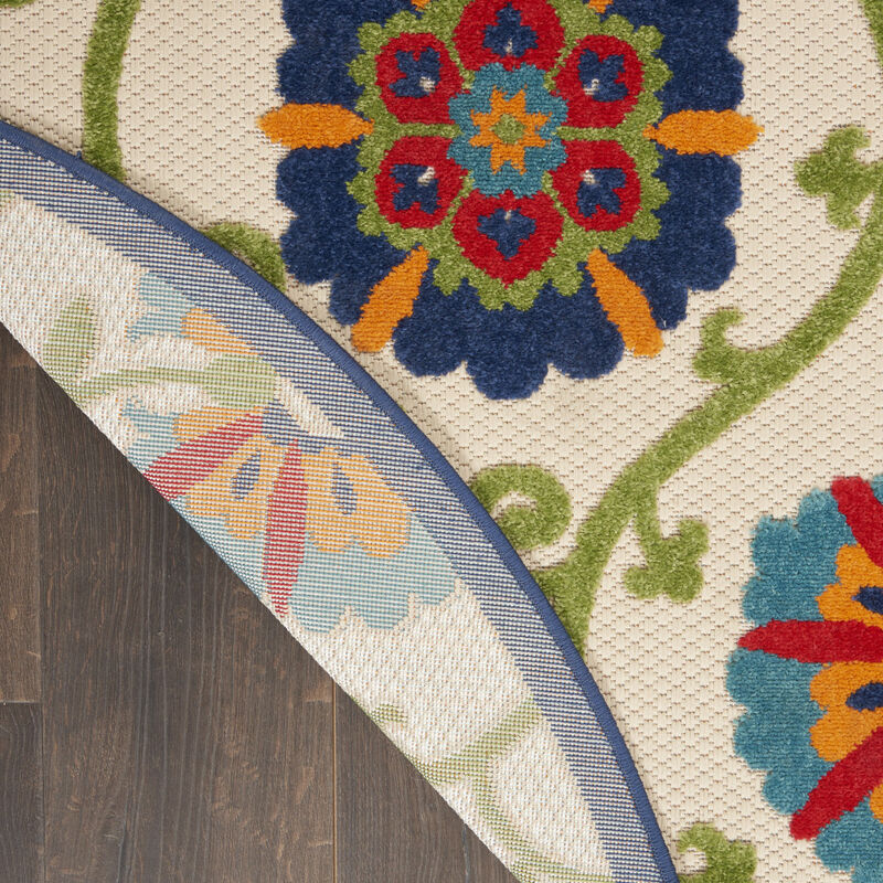 HomeRoots 5' Navy Blue Beige Green Blue And Red Round Floral Indoor Outdoor Area Rug image number 5