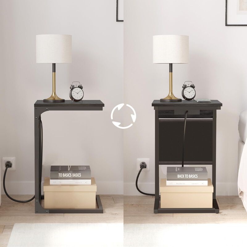 TUTOTAK C Shaped End Table with Charging Station, Side Table for Sofa, Couch Table with Storage Bag, Set of 2, TV Tray Table wit