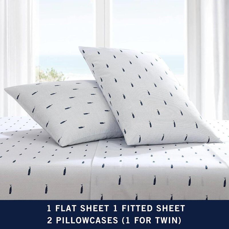 Hivvago Twin size Coastal Beach 100-Percent Cotton Navy Blue White Stripe Sheet Set