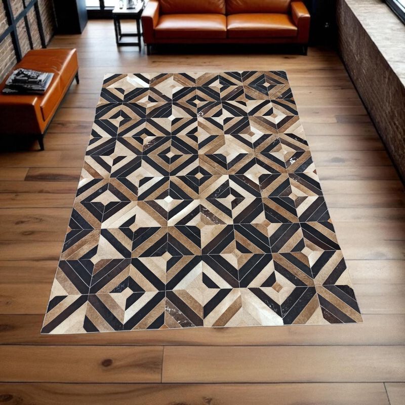 Geometric Brown Cowhide Patchwork Rug image number 2