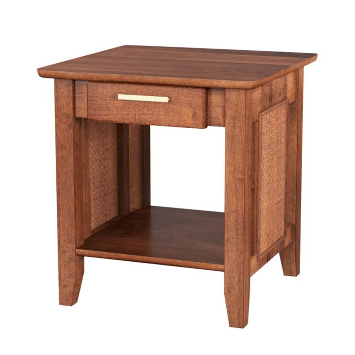 Hivvago Rattan Nightstand End Table with Drawer and Storage Shelf