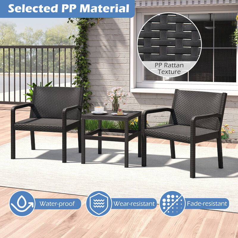 Black 3-Piece Outdoor Patio Set with 2 Rattan Armchairs and Square Side Table image number 6