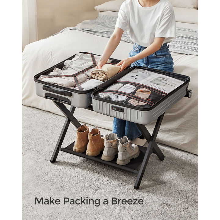 Foldable Suitcase Stand with Shelf &ndash; Guest Room Luggage Rack with Strong Nylon Straps