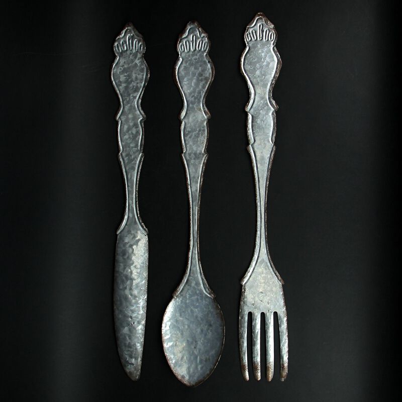 Giant Galvanized Metal Fork Spoon Knife Farmhouse Kitchen Decor Wall Hanging Set image number 3