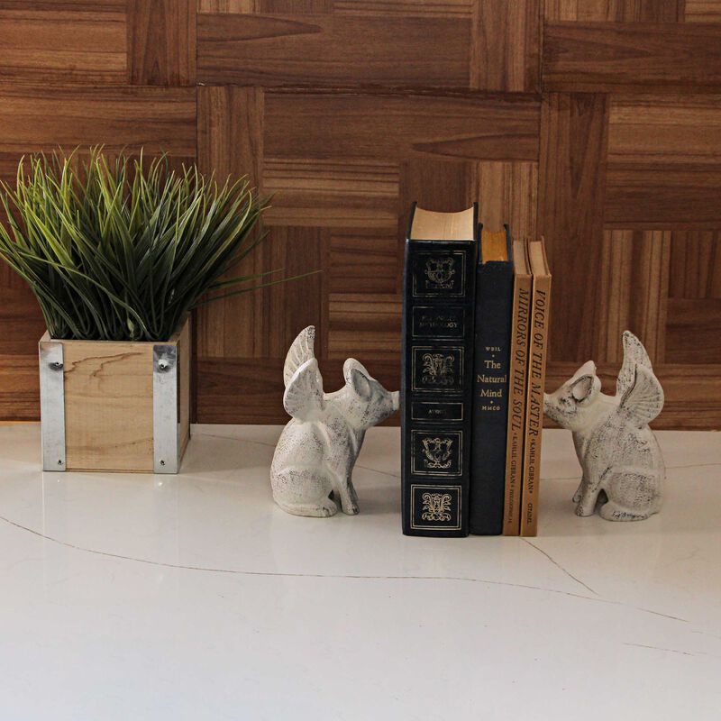 Set of 2 Cast Iron Distressed White Flying Pig Bookends Rustic Decorative Home image number 4