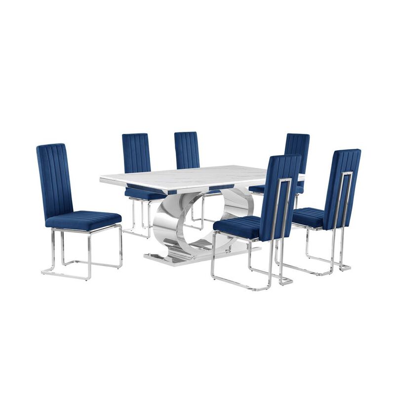 7pc Small(68") marble top dining set with silver base and 6 Navy blue chairs