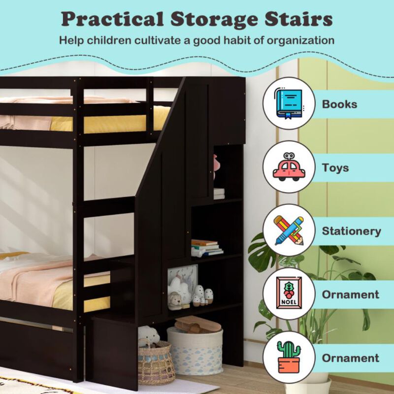 Hivvago Twin Over Twin Bunk Bed with Storage Stairs and Drawers