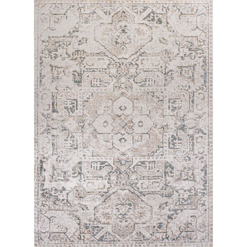 Edith Distressed Medallion Low-Pile Machine-Washable Cream/Light Gray Rug