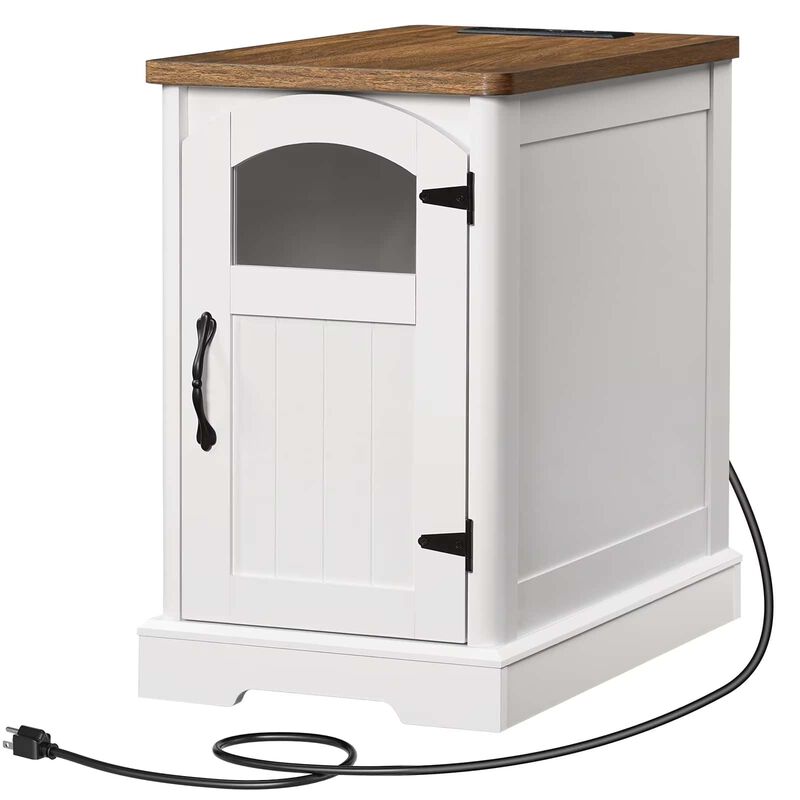 Side Table with USB Charging Station, Adjustable Shelf and Glass Door-White image number 0