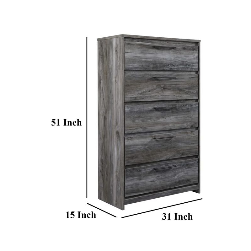 Bays Tall Dresser Chest, 5 Drawers, Modern Rustic Laminate Smoky Gray
