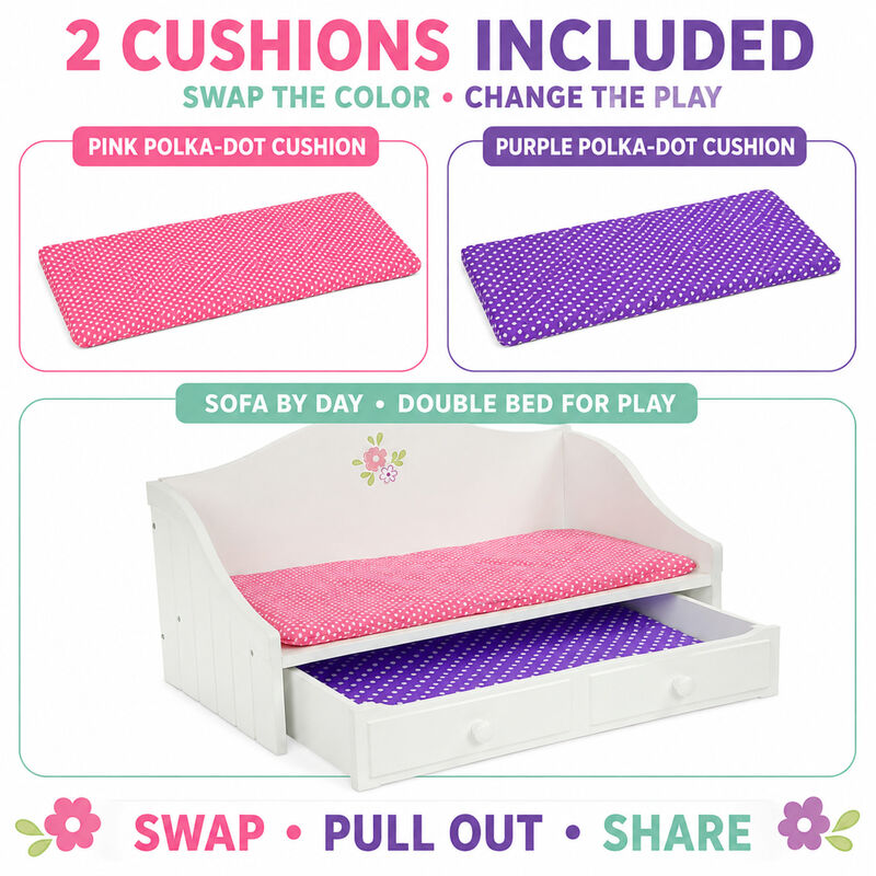 Olivia's Little World Doll Trundle Bed with Pink Bedding for 18" Dolls, White Doll Furniture, 2 interchangeable cushions (White and Polka Dot), Sliding Drawer image number 3